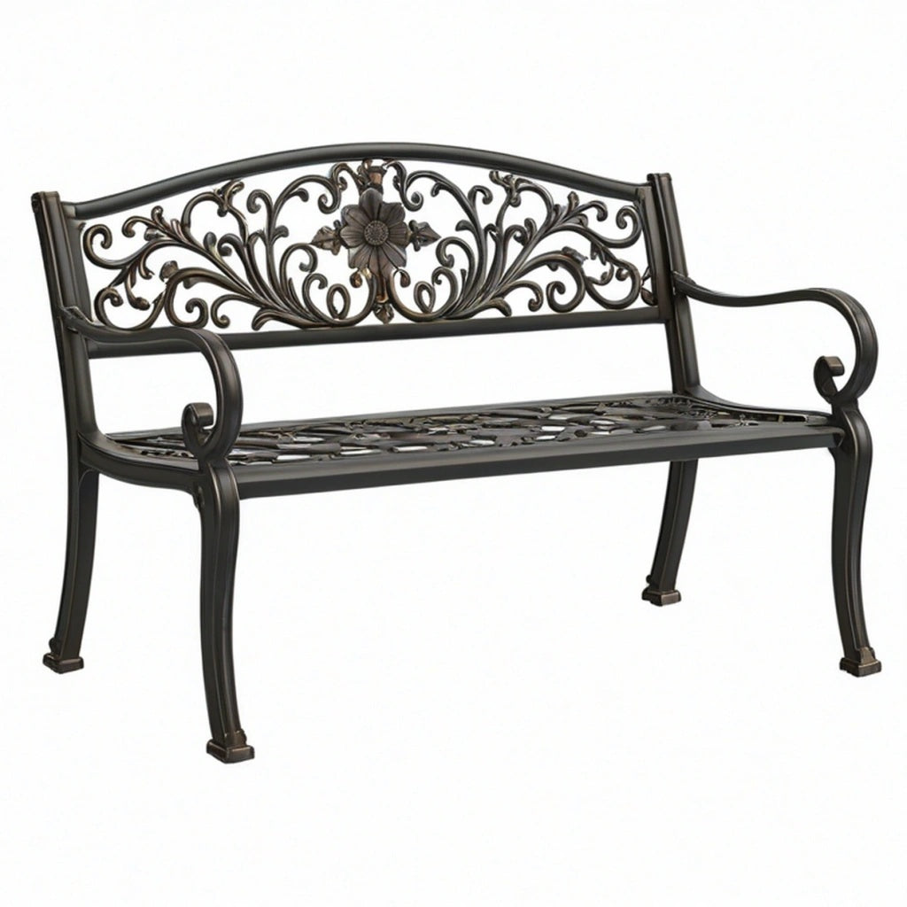 Ławka ogrodowa 122 x 60 x 90 cm metalowa czarna z ornamentem kwiatowym