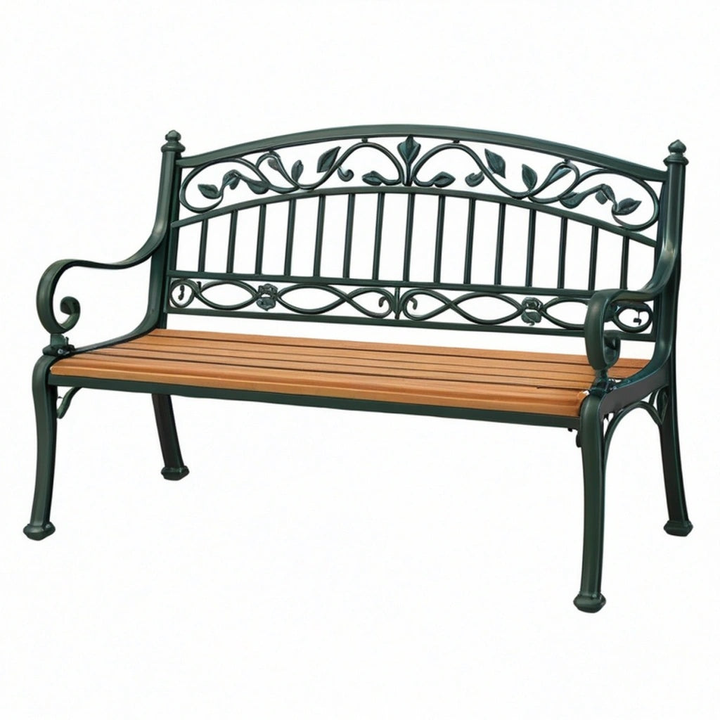 Ławka ogrodowa 125 x 60 x 90 cm z metalu i drewna ciemnozielona brązowa w stylu klasycznym