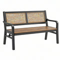 Ławka ogrodowa 120 x 60 x 85 cm z metalu drewna i plecionki czarno brązowa dwuosobowa