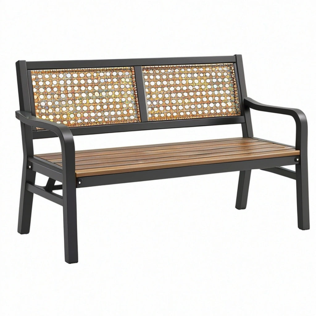 Ławka ogrodowa 120 x 60 x 85 cm z metalu drewna i plecionki czarno brązowa dwuosobowa