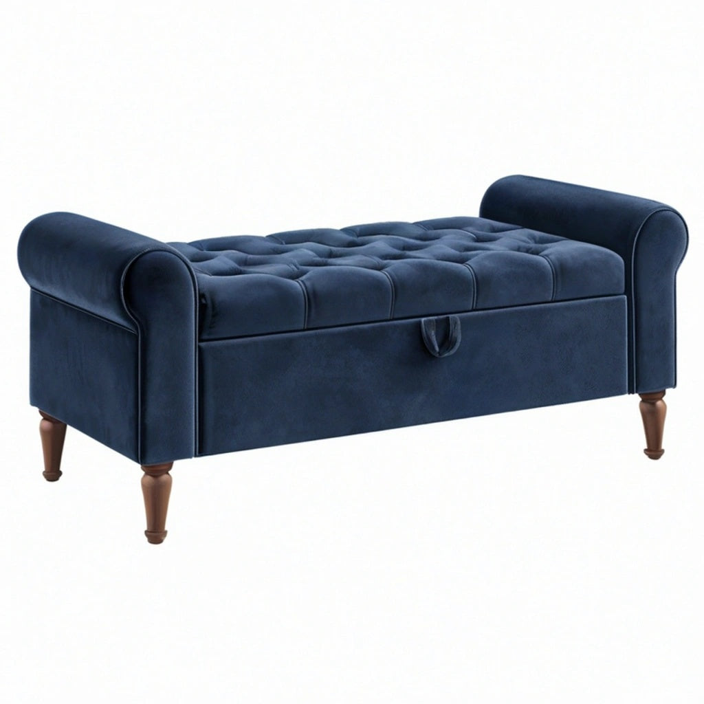 Ławka tapicerowana ze schowkiem 140 x 55 x 75 cm granatowa aksamitna w stylu chesterfield