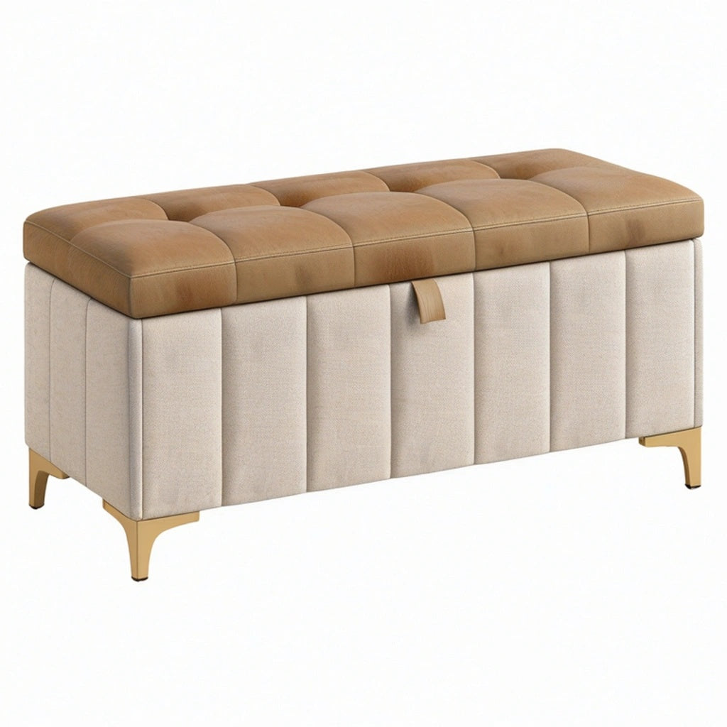 Ławka ze schowkiem 100 x 40 x 45 cm beżowa z tapicerowanym siedziskiem ze skóry syntetycznej w stylu glamour