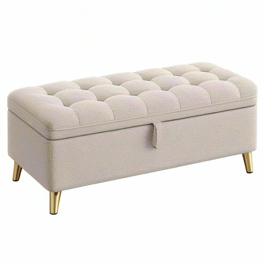 Ławka ze schowkiem 100 x 45 x 45 cm z tkaniny bouclé beżowa pikowana w stylu glamour