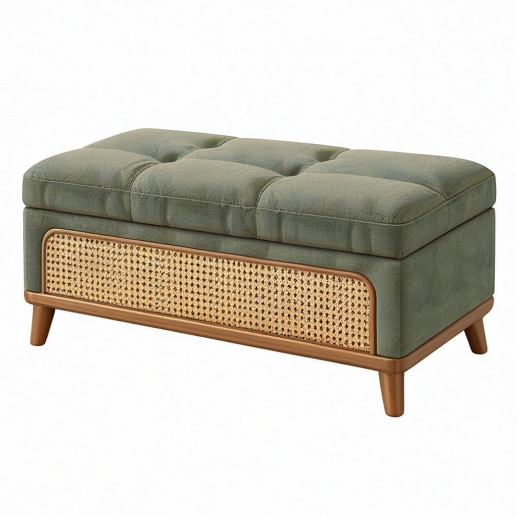 Ławka ze schowkiem 100 x 40 x 48 cm zielona tapicerowana z rattanem w stylu retro