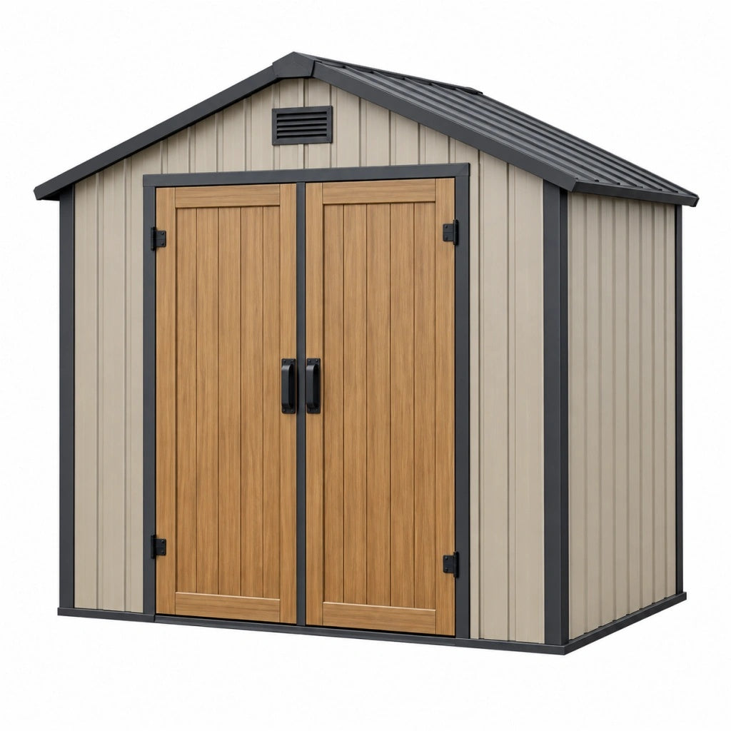 Domek narzędziowy ogrodowy 180 x 120 x 180 cm metalowy beżowy z dwuskrzydłowymi drzwiami