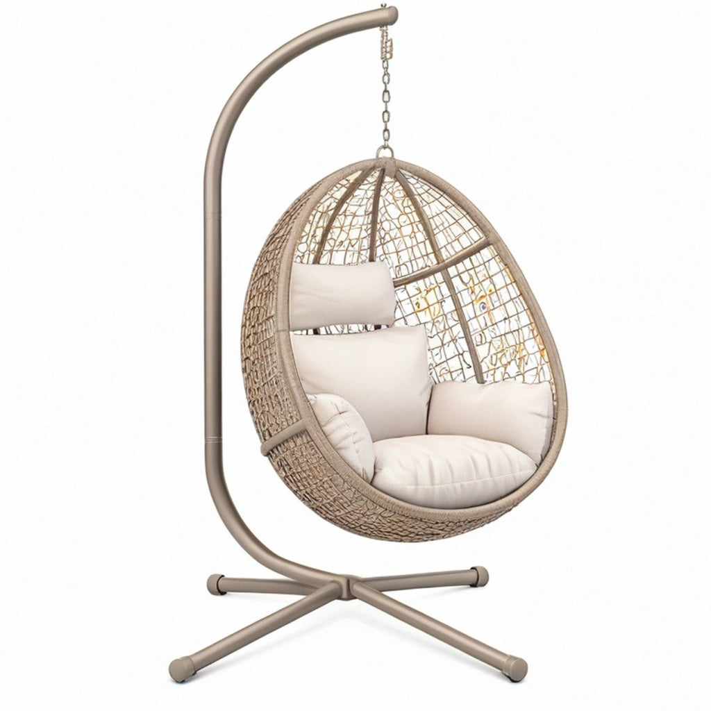 Fotel wiszący 105 x 105 x 195 cm z plecionki beżowy na metalowym stojaku do wypoczynku boho