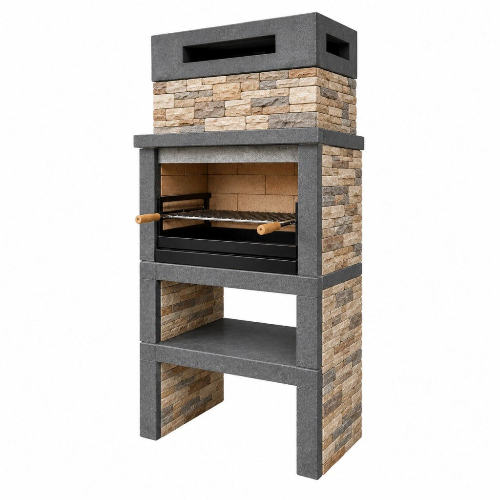 Grill ogrodowy murowany 90 x 70 x 210 cm z kamienia w kolorze szarym z rusztem stalowym