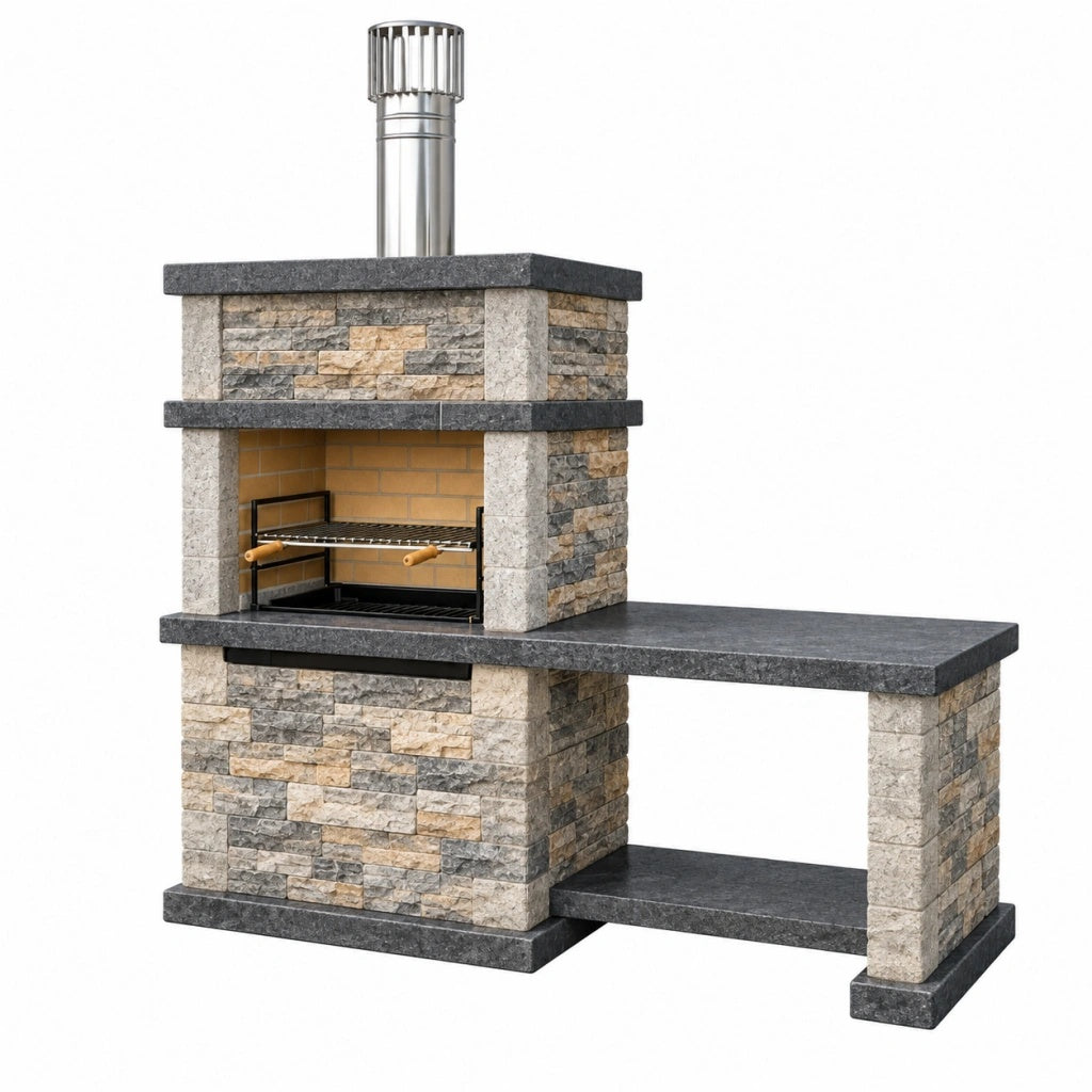 Grill ogrodowy murowany 160 x 70 x 210 cm z kamienia w kolorze szarym z kominem i blatem