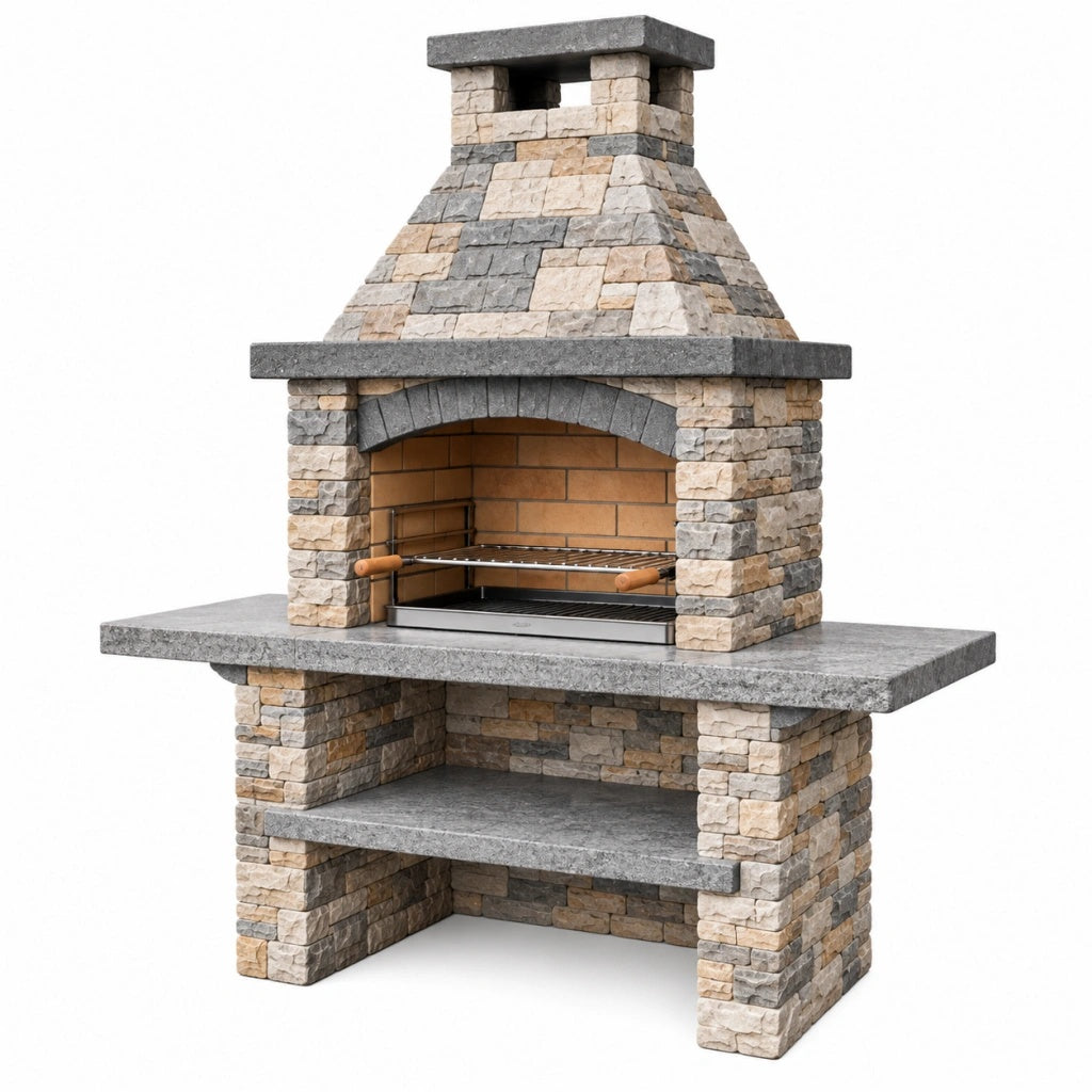 Grill ogrodowy kamienny 135 x 75 x 210 cm szaro-beżowy z rusztem do grillowania